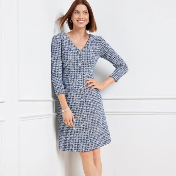 NWT Talbots Smile Blue White Stretch Tweed Shift Dress Size 14 - Picture 1 of 4